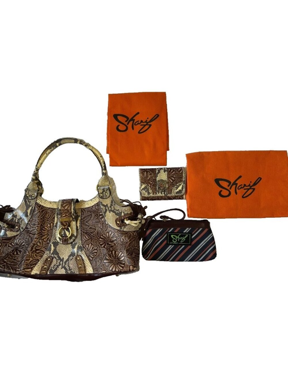 Sharif Studio Embossed Tooled Reptile bag, Wallet, mini bag, and two dust covers